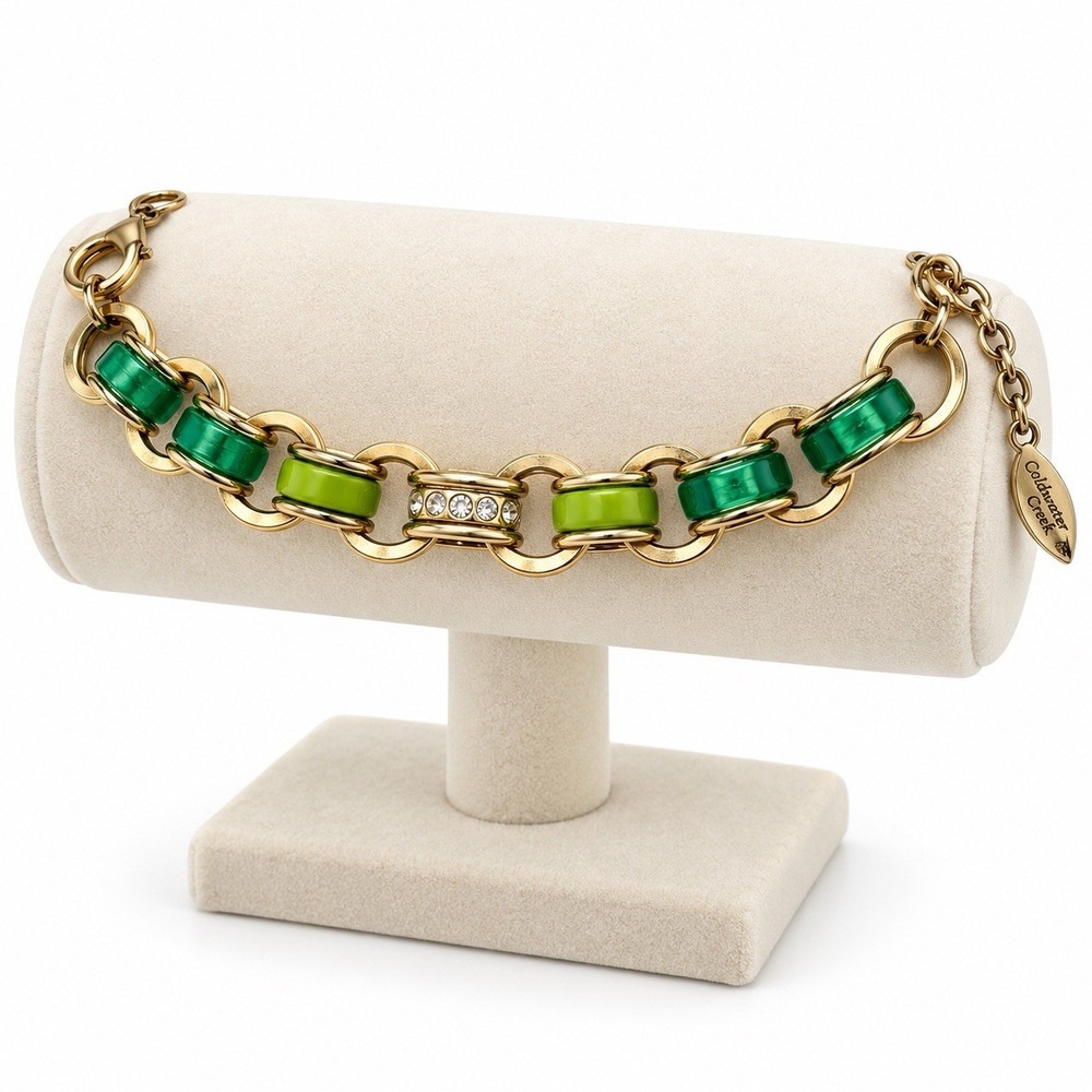 Coldwater Creek Green Resin Rhinestone Gold Tone Chunky Link Bracelet